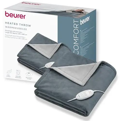 Beurer HD 75 Cozy Couverture chauffante, couverture électrique confortable en apparence de fourrure, 6 réglages de température, lavable en machine, avec arrêt automatique, gris foncé