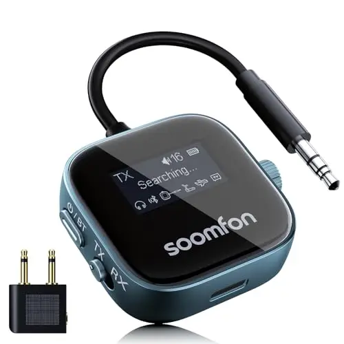SOOMFON Transmetteur Bluetooth 5.3, 2 en 1 Adaptateur Bluetooth Jack 3.5mm AUX, Emetteur Récepteur avec écran LCD, Transmetteur Recepteur Audio pour TV/Avion/Voiture/Casque/Enceinte/chaîne Hi-FI