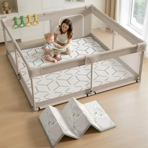 Parc Bebe avec Tapis 150x150cm - Barrière de Jeu pour Enfant avec Tapis Mousse Pliable et Anneaux