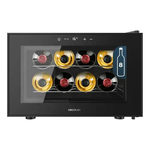 Cecotec Cave à Vin Bolero GrandSommelier 800H CoolCrystal E, Capacité 8 Bouteilles, Étagères Métalliques, Contrôle Tactile, Température 8 à 18ºC, Noire