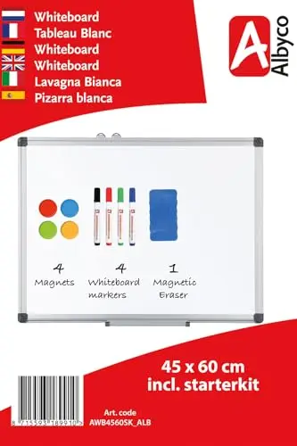 Tableau blanc Albyco 45 x 60 cm - Kit de démarrage inclus - Marqueurs - Aimants et effaceur - Effaçable à sec.