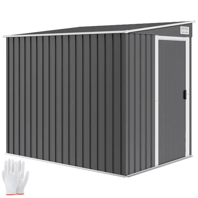 Outsunny Abri de Jardin en métal 2,81 m² avec kit de Fondation, cabane de Jardin extérieure en Acier galvanisé adossée, Toit incliné, abri à Outils avec 2 étagères réglables, 154x206,5x181 cm, Gris