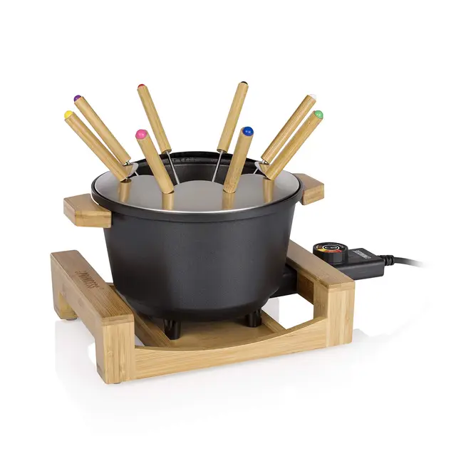 Princess Service à fondue 1,5 L pour 8 personnes – Design en bambou, caquelon antiadhésif, thermostat réglable, 8 fourchettes incluses, polyvalent, facile à nettoyer