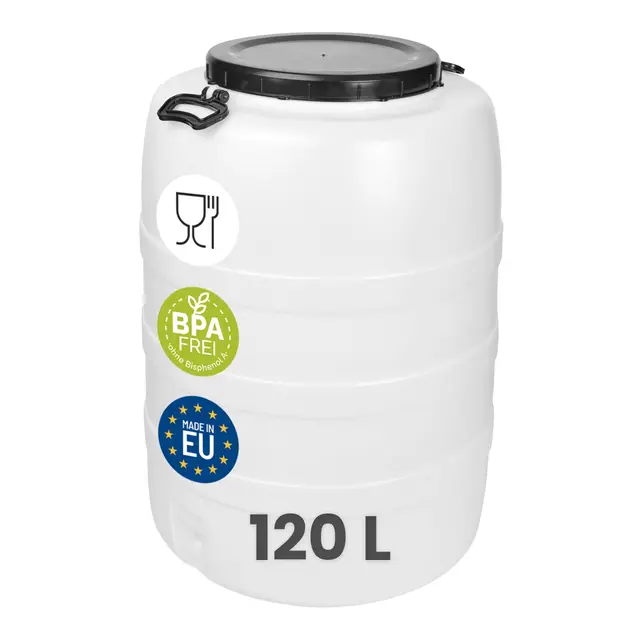 Garronda Fût Alimentaire 120 L Plastique HDPE Tonneau Baril Grande Ouverture pour Eau, Stockage et Fermentation Recupérateur d Eau de Pluie GD-0187 Blanc