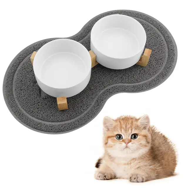 Gamelle Chat Surélevée avec Support, 400ML Gamelle Eau Chat, Tapis Chien Design à Double Bols, Idéal pour Les Chiots et Les Chats (Blanc)