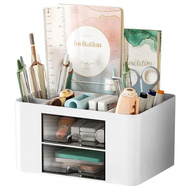 Newpop Organisateur de Bureau Multifonctionnel avec 5 Compartiments et 2 Tiroirs, Rangement en Plastique, Porte Stylo pour Maison, École et Bureau