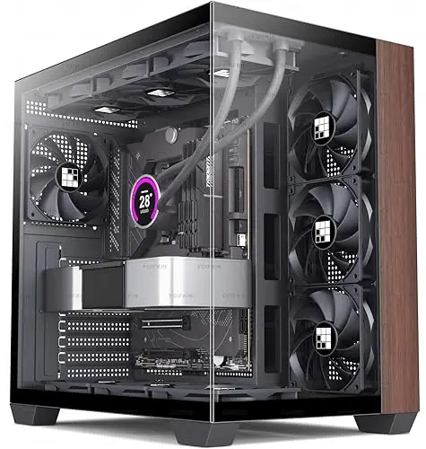 FOIFKIN F300 Boitier PC ATX avec 7 Ventilateur Non-RGB,Boîtier PC Gamer,Boîtier d'ordinateur Moyen Tour Verre panoramique,ATX Boîtier Noir,Support RAD 360mm,Type-C,Flux d'air élevé (Noir-Wood, F300)