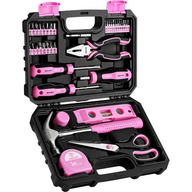 DEKO Boîte à outils complète rose 42 pièces, mallette, boîte à outils bricolage, cadeaux pour femme, maison, bureau et voiture, pour entretien quotidien