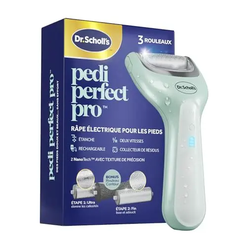 Dr. Scholl's Râpe électrique Pieds Pedi Perfect Pro avec 3 rouleaux Nano Tech - Élimine les callosités pour des pieds doux et beaux - Autonomie 90 minutes - Rechargeable et Etanche
