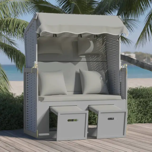 FIRBNUS Strandkorb mit Kissen Poly Rattan&Massivholz Grau Beach Chair Strandstuhl Holz Strandsitz Rattan Gartenmöbel Gartenliege Holz Strandkorb Balkon Strandkorb 2 Sitzer Verstellbar