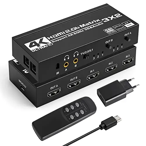 Tendak HDMI Matrix 3 x 2, 4 K @ 60 Hz HDMI Switch Matrix 3 en 2 Out + Spdif optique et 3,5 mm Stéréo Audio Extractor Splitter Prend en charge HDCP 2.2 HDR 3D avec télécommande IR