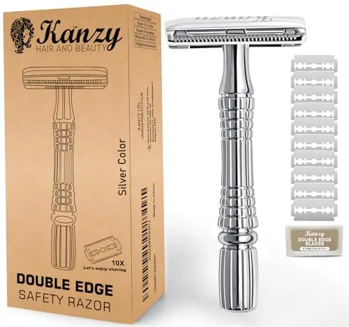 Kanzy Rasoir de Surete avec 10 lames Ecologique Reutilisable Traditionnel Inox Mécanique and Manuel Rasoir de Sécurité pour Homme and Femme Safety Razor Kit pour Visage et Corps