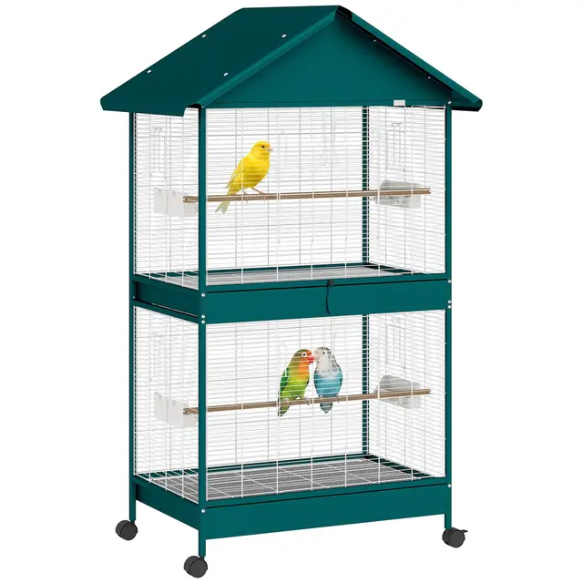 PawHut Grande Cage à Oiseaux roulante, intérieur/extérieur, séparateur Amovible, 6 mangeoires, 4 perchoirs, 2 Plateaux, 94x70x158 cm.