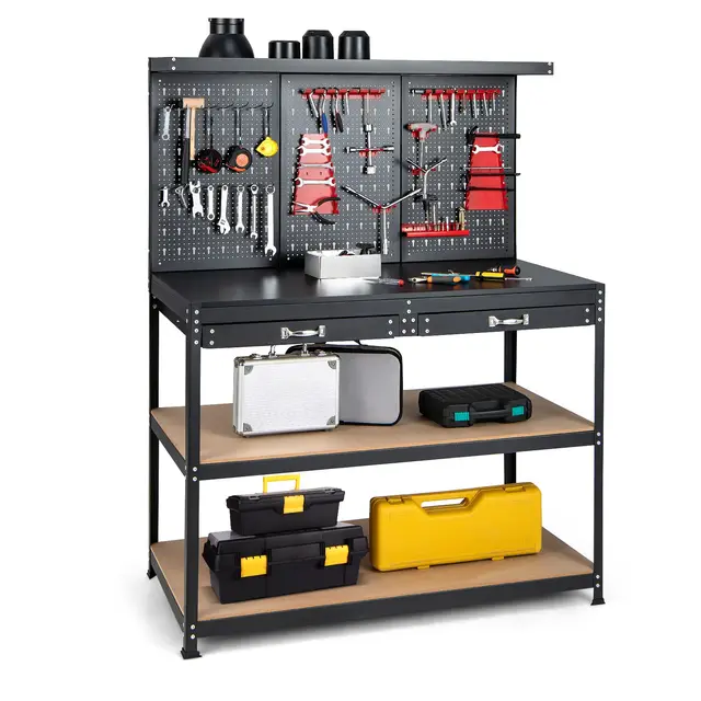 GYMAX Établi Atelier Garage 121x61x156cm, 25 Accessoires de Suspension Inclus, Panneau Perforé, 2 Tiroirs, Etagères de Rangement, Organisateur d'Outils, Table de Travail Bricoleur