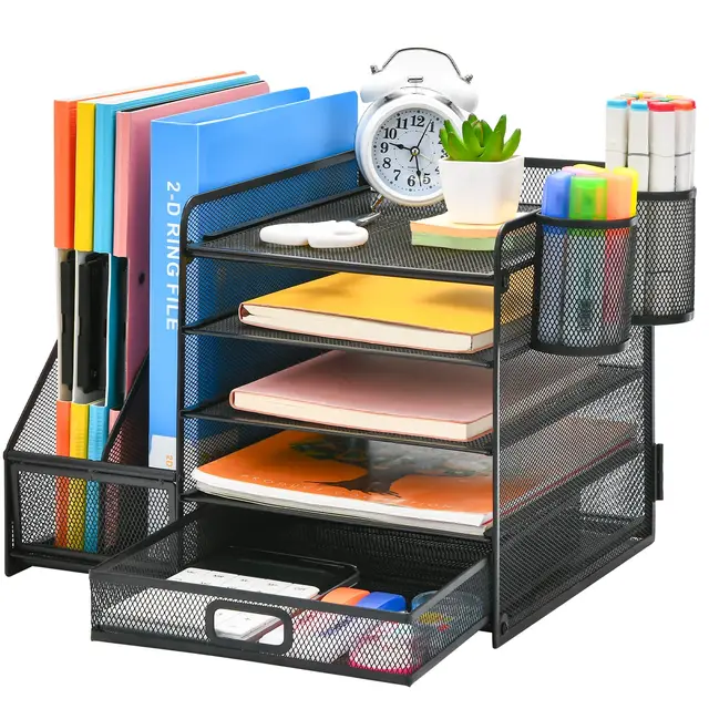 Marbrasse Organisateur de Bureau avec Porte-Documents,5-Niveaux Porte-Lettres Rangement Maille,pour Fournitures de Bureau Domicile(Noir avec Tiroir Porte-Stylos)