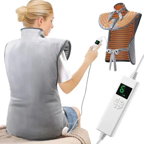 Coussin Chauffant Dos Electrique Epaule Taille et Nuque 61×94 CM, Fonction D'ArrêT Automatique, 6 Modes de Chauffage, 4 RéGlages de Minuterie, Chauffage Rapide, Flanelle, Lavable En Machine