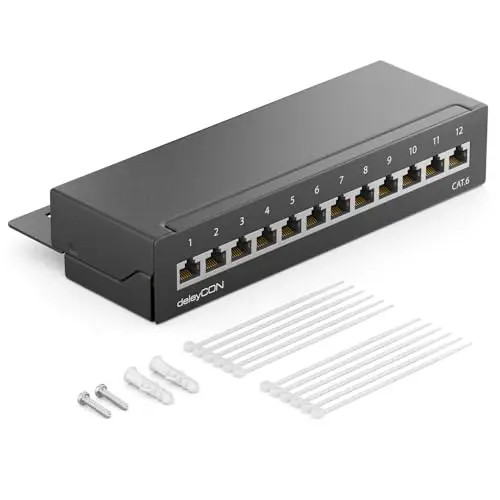 deleyCON CAT6 Panneau de Brassage 12 Ports Bureau & Montage Mural - Blindé - Prise 12x RJ45 - TIA568A TIA568B - Noir