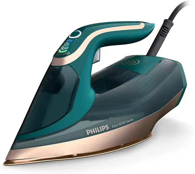 Philips fer à repasser Série 8000 - Puissance Fer à Vapeur 3000W, Effet Pressing 240 g, Débit vapeur continue 70 g/min, Semelle SteamGlide Elite, OptimalTemp, Réservoir 305ml, Vert Opale (DST8030/70)