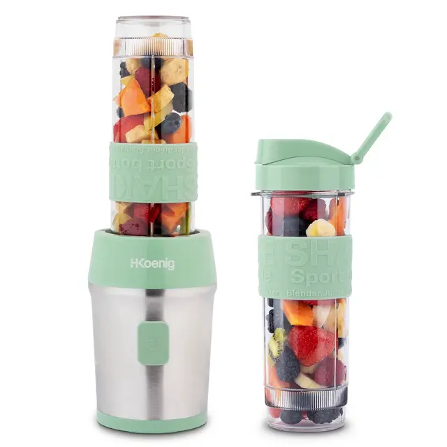 H.Koenig Mini Blender/Smoothie/Mixeur SMOO18 – 570mL, 300W, 4 Lames Inox, Sans BPA, 2 Bouteilles portables avec couvercles de voyage, Vert Pastel