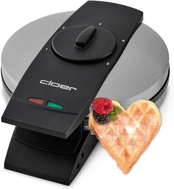 Cloer 1639SR Gaufrier, taille de gaufre 15,5 cm Ø, double revêtement antiadhésif, résistant au sucre, lumière de cuisson, 930 W, boîtier en acier inoxydable de haute qualité