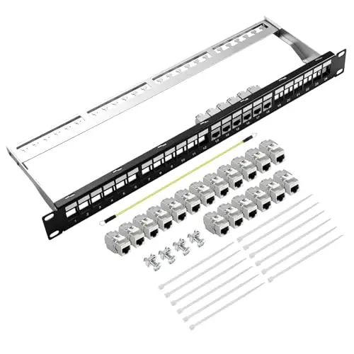 24 Ports CAT7 Panneau de Brassage, Supportant 10 Gbits/600MHz, 19" Panneau de Brassage Keystone Blindé avec Protection EMI/RFI pour Les Maison Les Base Donnée Les Bureaux Les Centres Donnée
