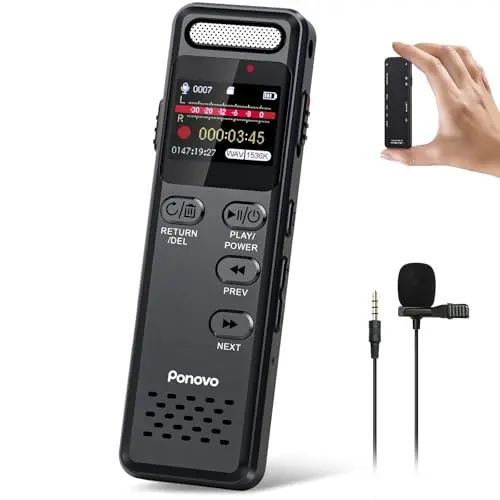 Enregistreur Vocal Numérique 16Go, Ponovo 100H Enregistrement Continu Dictaphone Audio 1536Kbps Activation Vocale avec Micro, 1100mAh Mini Enregistreur Portable avec Mot de Passe pour Interview Class