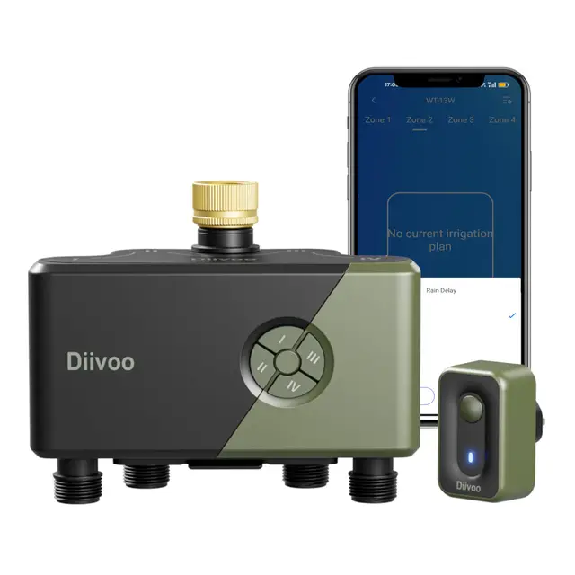 Diivoo Programmateur Arrosage Automatique WiFi 4 Voies avec Entrée en Laiton, Arrosage WiFi Compatible avec Alexa/Google Assistant, Minuteur Arrosage Automatique pour Jardin et Pelouse