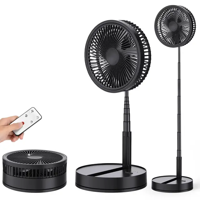 Oscillant Ventilateur sur Pied Silencieux avec Télécommande, 8.6'' Noir Portable Pliable Sol/Table Ventilateurs 4 Vitesses, 8000mAh USB Rechargeable Piédestal Fan pour Chambre Bureau Camping Voyage