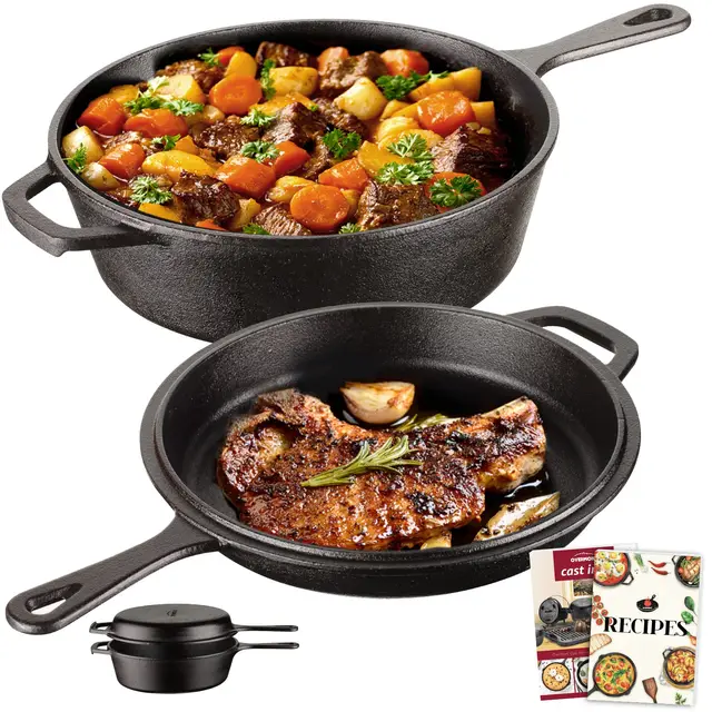 Overmont Dutch Oven Pot en Fonte Prêt à l'emploi Couvercle/Poêle à Double Fonction avec Recette E-book pour Cuisine Camping Garden BBQ (26x8cm - Long Manche) Modèle : OV009