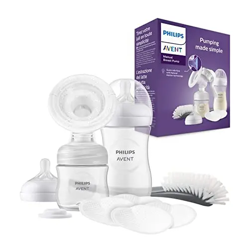 Philips Avent Kit allaitement avec tire-lait manuel simple, coussin souple et adaptatif, biberons de 260 ml et 125 ml, sans BPA, 4 coussinets d'allaitement jetables (Modèle SCD430/60)