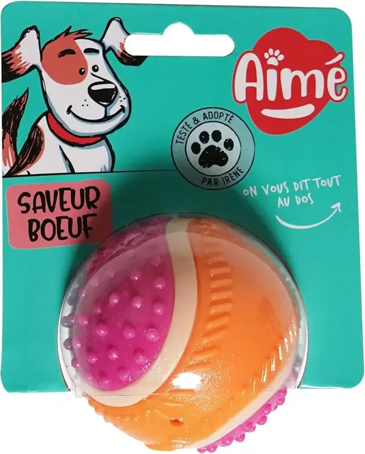 Aimé - Balle pour Chien 5 en 1 Saveur Bœuf - Jouet Interactif/Éducatif pour Développer et Stimuler les 5 Sens - Résistant Toutes Races et Tous Âges - Balle 6 cm