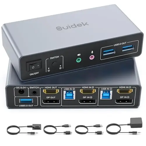 SUIDEK Commutateur KVM HDMI Displayport, 2 ordinateurs 2 moniteurs 4K@60Hz Commutateur KVM double écran pour 2 PC, 3 ports USB 3.0 supportant le mode étendu/miroir avec contrôleur de bureau