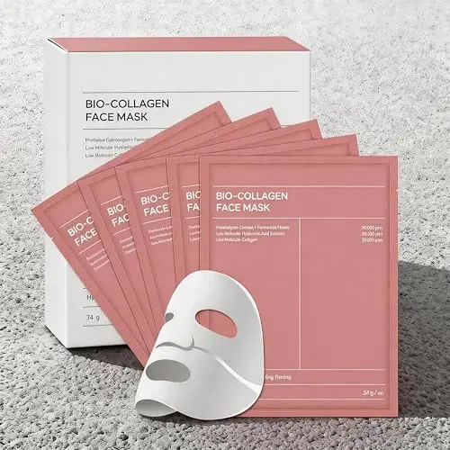 Masque Collagene Visage, BIO-COLLAGEN, Hydratant Visage Raffermissant, Minimisation des Pores, Amélioration de l'Élasticité, Skincare Coréenne, 34 g (1,19 oz) x 5 pièces