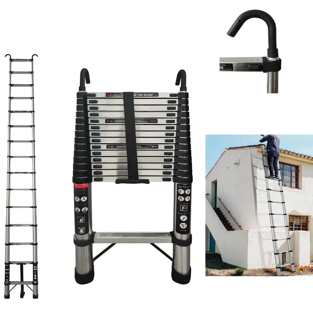 Échelle télescopique en acier inoxydable avec crochet amovible, échelle polyvalente 14 échelons extensible avec pieds antidérapants, charge maximale 150 kg, pour usage domestique et extérieur (4,4 m)