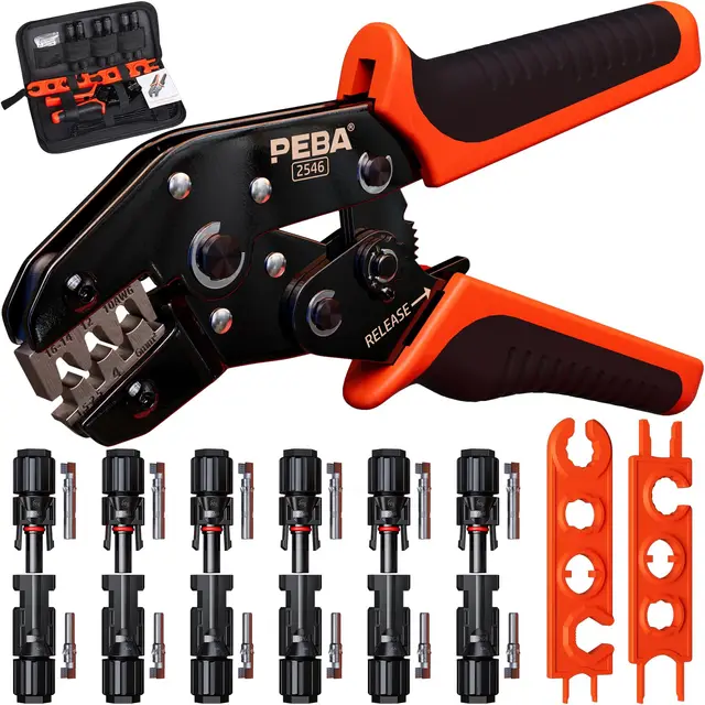 PEBA Pince à Sertir Solaire pour câble PV de 1,5-2,5/4/6 mm² Connecteurs Panneau Solaire, avec 6 paires Solaire Connecteurs, Outils de Sertissage Connecteurs Solaires - Solar PV Crimp Tool Kit