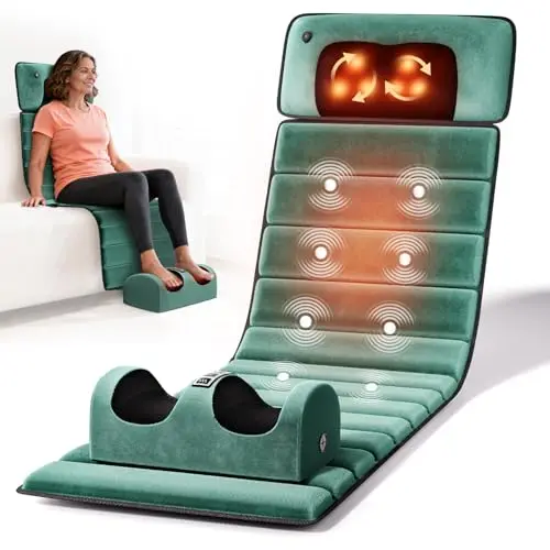 Tapis de Massage Shiatsu 3-en-1 : Masseur Cou Amovible, Matelas de Vibration Corps Entier avec Chaleur et Appareil de Massage des Pieds, Soulagement Dos et Jambes, Pliable, Velours, Vert