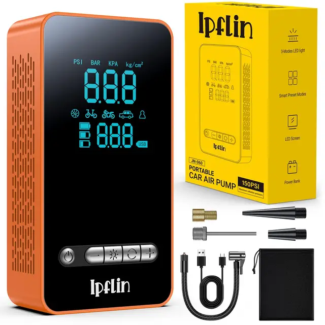 Compresseur à Air Portatif, Gonfleur Pneus Voiture sans Fil avec LED et Port C USB 150 PSI, Batterie Rechargeable, Inflation Rapide, Compresseur, Arrêt Automatique, pour Voiture, Vélos, Motos-Orange