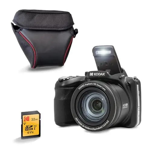 KODAK Pixpro AZ425 Appareil Photo Bridge 20 MP avec Zoom Optique 42x + Étui de Protection + Carte SD 32 Go – Vidéo Full HD 1080p, Grand Angle 24 mm, Stabilisateur, Écran LCD 3" – Noir