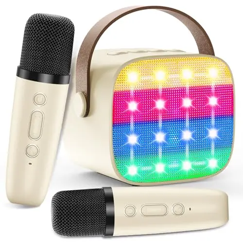 Machine Karaoké pour Enfants avec 2 Micros Sans Fil - Haut-parleur Portable Bluetooth, Changement de Voix, Lumières LED, Jouet Musical pour Filles et Garçons, Cadeau Parfait pour Anniversaires et Noël