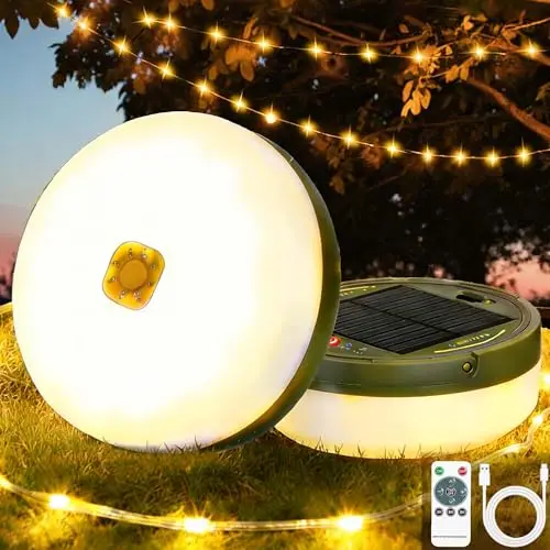 Guirlande Lumineuse Solaire de Camping 10M Rechargeable USB-C/Solaire - 8 Modes d'Éclairage, Télécommande, Minuterie, 12H Autonomie, IP44, Léger 270g - Blanc Chaud pour Tente, Jardin, Randonnée, Noël.