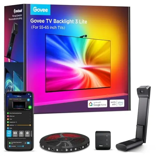 Govee TV Backlight 3 Lite avec Correction Fisheye, Synchronisation pour Téléviseur 55-65 pouces, Ruban à LED Ambilight RGBICW 3,6M WiFi avec Caméra, Lampe 4 en 1, Commande Vocale et par App