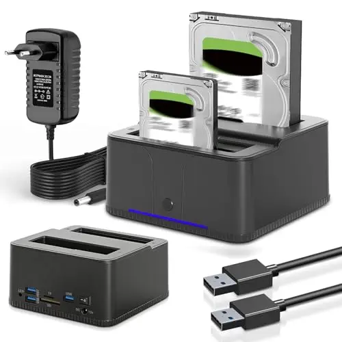 HDD Docking Station, USB3.0 Station d'accueil pour Disque Dur pour 2,5 et 3,5 Pouces SATA HDD/SSD, 32 to avec Lecteur de Cartes SD/TF, Double Baie, Prise en Charge de Clone Hors Ligne,UASP