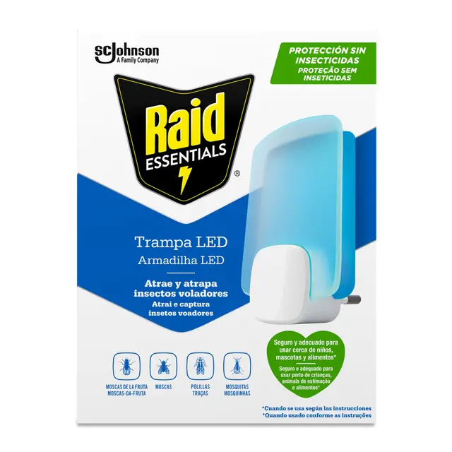 Raid Essentials Piège LED Anti-Mouches, Anti-Mouches et Mites, sans Insecticide, sans Danger pour Toute la Famille, sans Odeur et sans résidus, Usage intérieur, 1 Appareil et 1 pièce de Rechange.