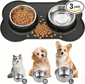 Tapis Gamelle Chat Inox, 2 PcsGamelle pour Chien et Chat Antidérapante en Acier Inoxydable, Double Bols Eau avec Tapis Gamelle Chien Anti Eclaboussure en Silicone ( S 36 x 21 cm)