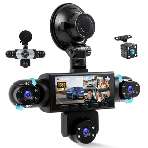 CAMECHO 5 Canaux Vision Nocturne Dashcam 1080P Rotation à 360° Caméra Voiture Embarquée Avant et arrière, 3,16'' Dashcam Mode Parking, Aide au Recul, Enregistrement en Boucle, Détection de Mouvement