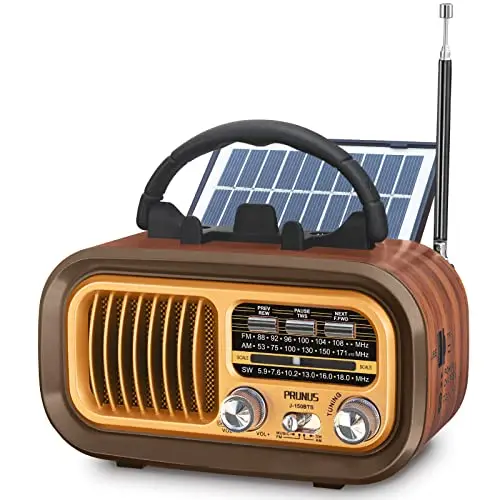 Poste Radio Vintage, PRUNUS J-150 AM/FM/SW Radio Portable Rechargeable avec Batterie 1200mAh et Piles D, Transistor Radio Bluetooth avec Panneau Solaire, Compatible USB/TF