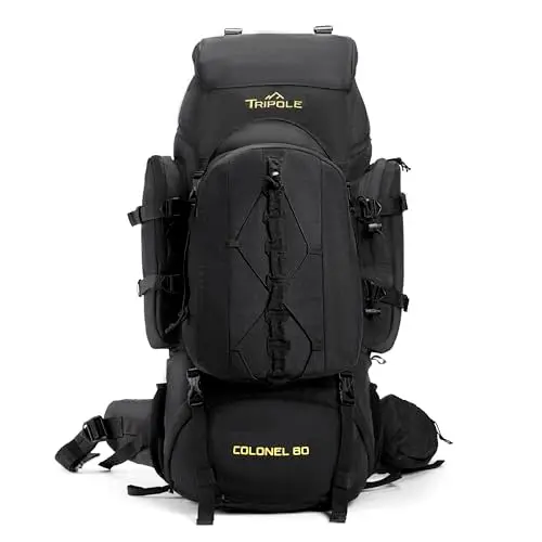 Tripole Colonel Sac à Dos 80L Voyage & Randonnée avec Sac de Jour Amovible 12L – Pour Femmes et Hommes, Sac à Dos Étanche avec Cadre Interne et Housse de Pluie, Camping & Trekking – Noir
