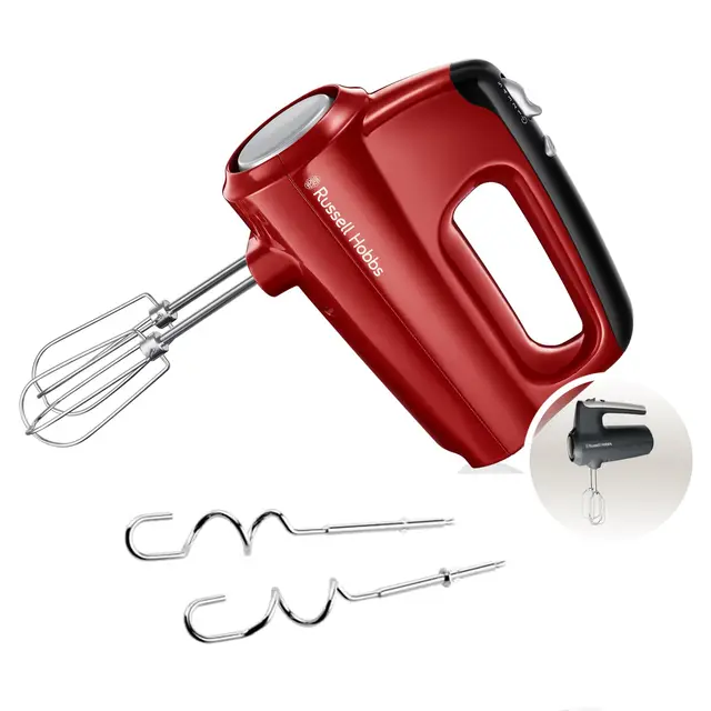 Russell Hobbs Batteur [Facile & puissant] Desire Rouge (5 vitesses+fonction turbo, 2 fouets et crochets pétrin compatibles lave-vaisselle, bouton d'éjection, position de rangement verticale) 24670-56