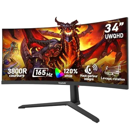 Gawfolk Écran PC Gaming Incurvé Ultrawide 34 Pouces 165 Hz, Moniteur 3800R 21:9 UWQHD (3440x1440), 120% sRGB, 1 ms, Adaptive Sync, Display Port, HDMI, Réglable en Hauteur, Haut-parleurs Intégrés-Noir