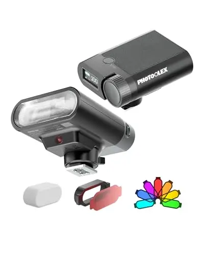PHOTOOLEX Mini Flash Appareil Photo, GN16 Caméra Flash Speedlite avec écran Couleur pour Canon Nikon Sony Panasonic Olympus Fujifilm Pentax et Autres appareils Photo, Intégré Lithium Piles 2000mAh